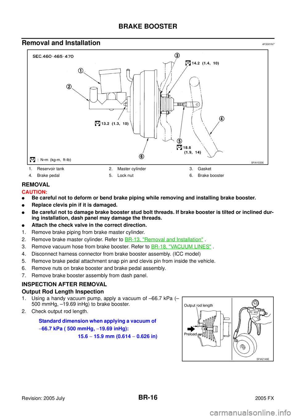 INFINITI FX35 2005  Service Manual BR-16
BRAKE BOOSTER
Revision: 2005 July 2005 FX
Removal and InstallationAFS001N7
REMOVAL 
CAUTION:
Be careful not to deform or bend brake piping while removing and installing brake booster.
Replace 