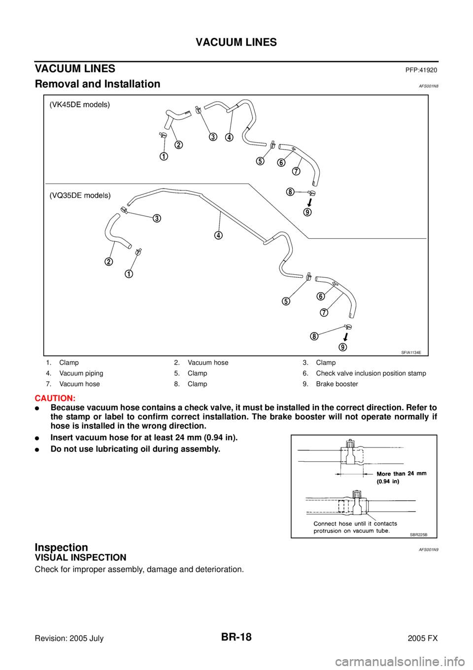 INFINITI FX35 2005  Service Manual BR-18
VACUUM LINES
Revision: 2005 July 2005 FX
VACUUM LINESPFP:41920
Removal and InstallationAFS001N8
CAUTION:
Because vacuum hose contains a check valve, it must be installed in the correct directio