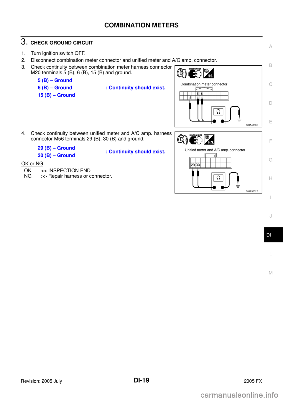 INFINITI FX35 2005  Service Manual COMBINATION METERS DI-19
C 
D  E 
F 
G  H 
I 
J 
L 
M  A 
B
DI 
Revision: 2005 July  2005 FX
3. CHECK GROUND CIRCUIT 
1. Turn ignition switch OFF. 
2. Disconnect combination meter connector and unifie