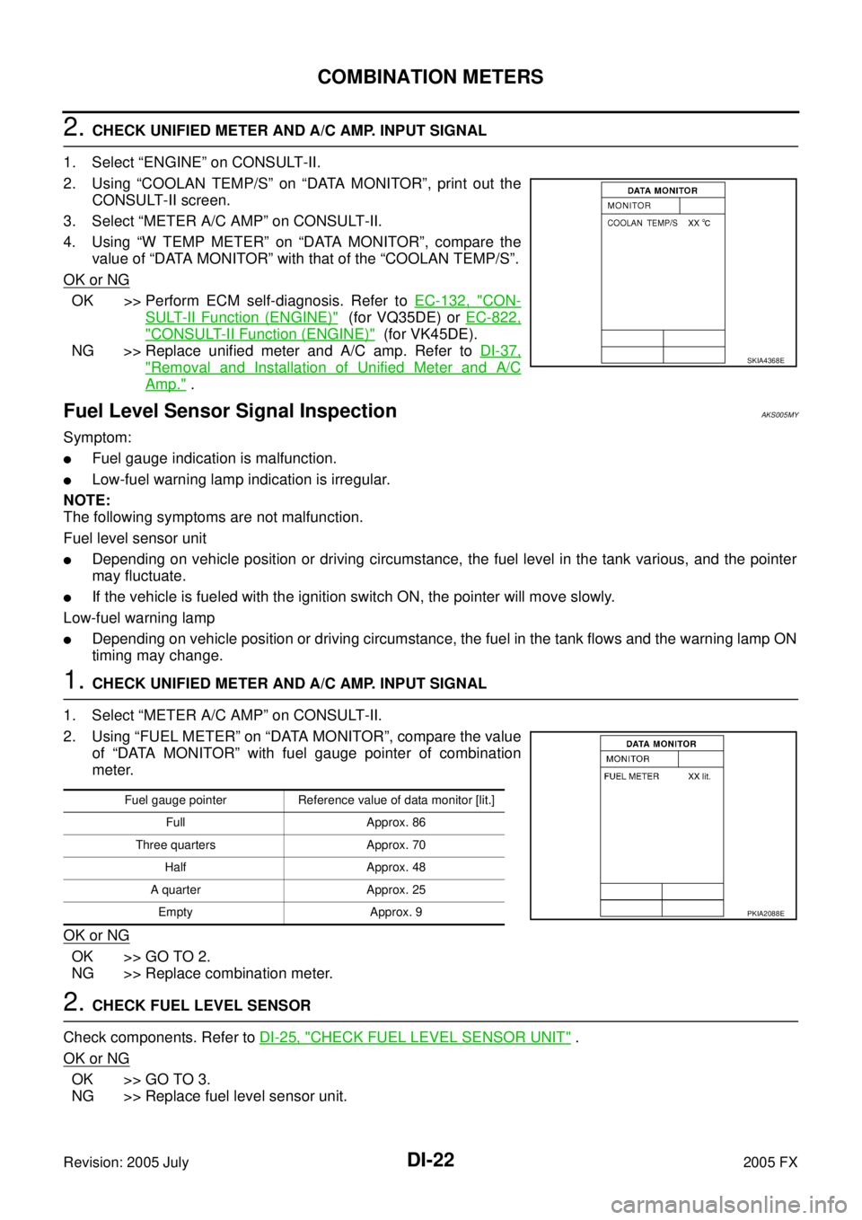 INFINITI FX35 2005  Service Manual DI-22
COMBINATION METERS
Revision: 2005 July 2005 FX
2. CHECK UNIFIED METER AND A/C AMP. INPUT SIGNAL 
1. Select “ENGINE” on CONSULT-II. 
2. Using “COOLAN TEMP/S” on “DATA MONITOR”, print 