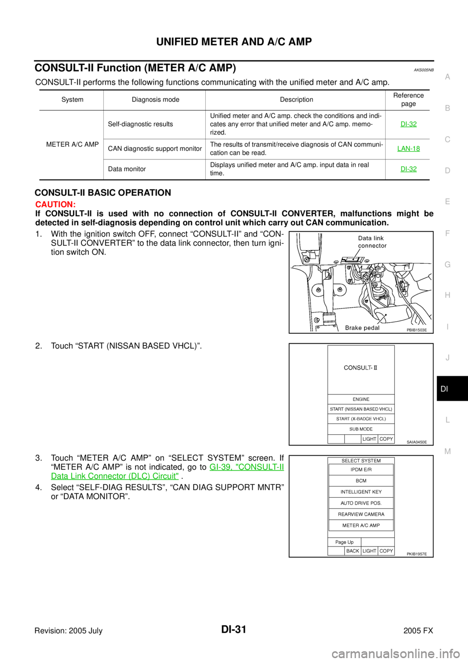 INFINITI FX35 2005 Service Manual UNIFIED METER AND A/C AMP DI-31
C
D E
F
G H
I
J
L
M A
B
DI
Revision: 2005 July 2005 FX
CONSULT-II Function (METER A/C AMP)AKS005NB
CONSULT-II performs the following functions communicatin INFINITI FX35 2005 Service Manual UNIFIED METER AND A/C AMP DI-31
C
D E
F
G H
I
J
L
M A
B
DI
Revision: 2005 July 2005 FX
CONSULT-II Function (METER A/C AMP)AKS005NB
CONSULT-II performs the following functions communicatin