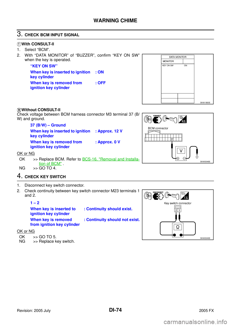 INFINITI FX35 2005  Service Manual DI-74
WARNING CHIME
Revision: 2005 July 2005 FX
3. CHECK BCM INPUT SIGNAL 
With CONSULT-ll 
1. Select “BCM”.
2. With “DATA MONITOR” of “BUZZER”, confirm “KEY ON SW”  when the key is op