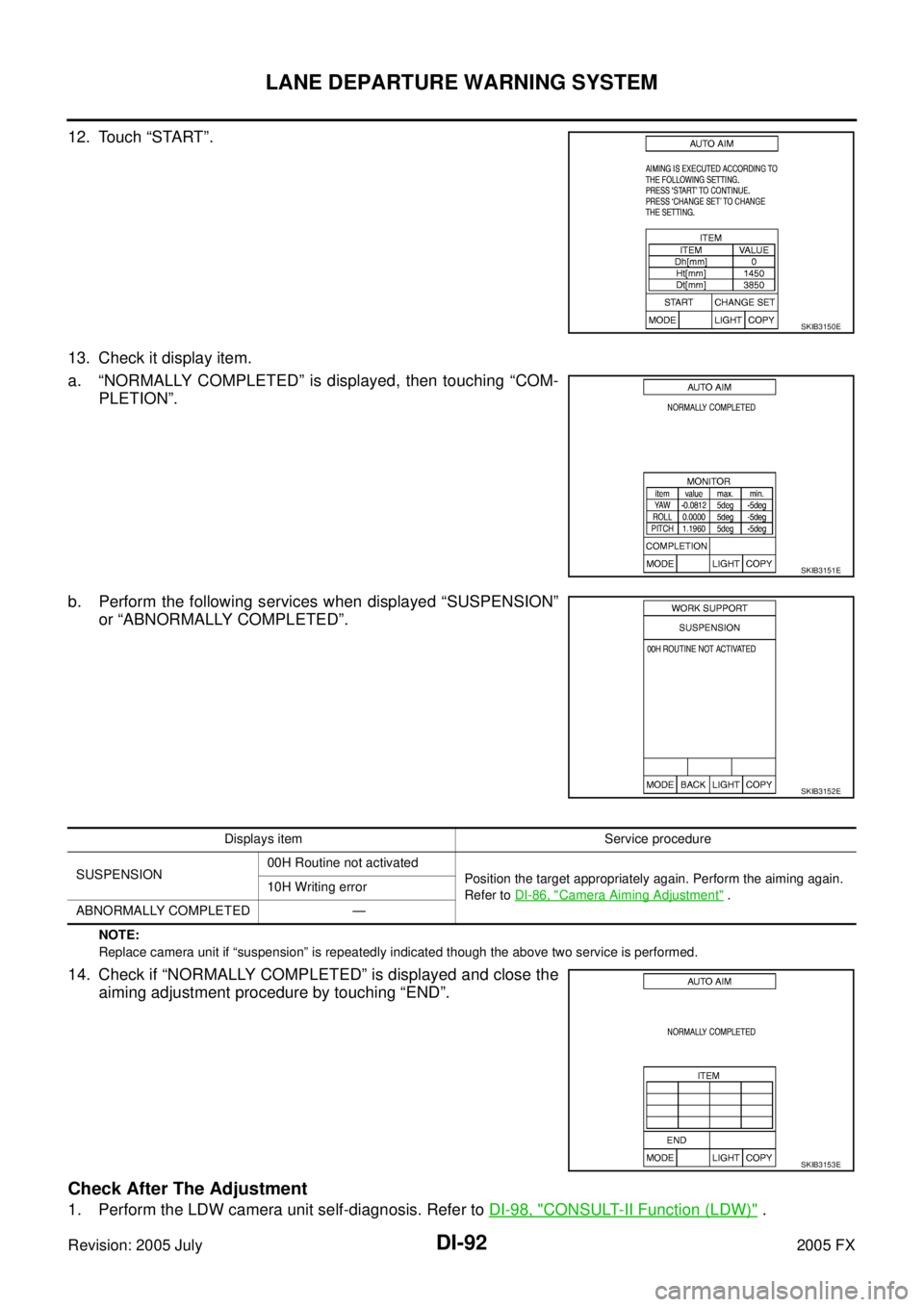 INFINITI FX35 2005  Service Manual DI-92
LANE DEPARTURE WARNING SYSTEM
Revision: 2005 July 2005 FX
12. Touch “START”. 
13. Check it display item. 
a. “NORMALLY COMPLETED” is displayed, then touching “COM-  PLETION”. 
b. Per