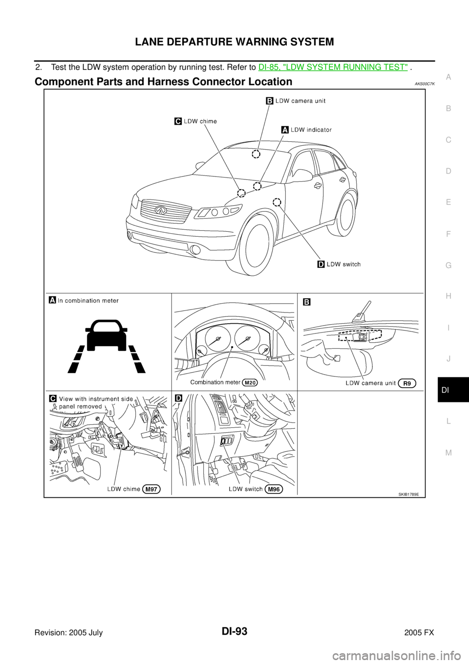 INFINITI FX35 2005  Service Manual LANE DEPARTURE WARNING SYSTEM DI-93
C 
D  E 
F 
G  H 
I 
J 
L 
M  A 
B
DI 
Revision: 2005 July  2005 FX
2. Test the LDW system operation by running test. Refer to DI-85, "LDW SYSTEM RUNNING TEST" .
Co