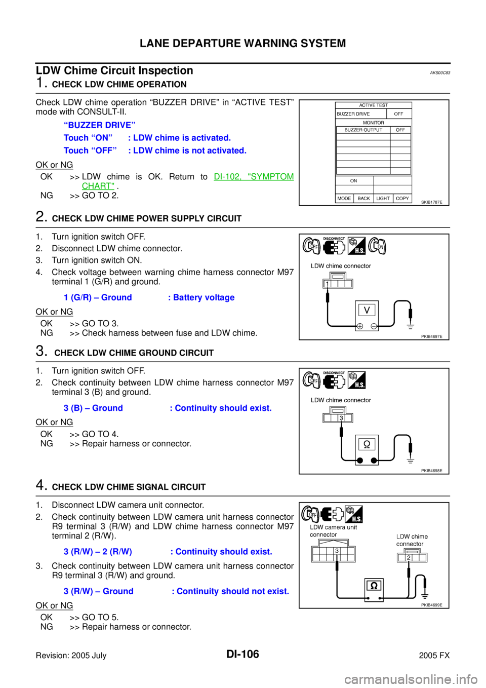 INFINITI FX35 2005 Service Manual DI-106
LANE DEPARTURE WARNING SYSTEM
Revision: 2005 July 2005 FX
LDW Chime Circuit InspectionAKS00C83
1. CHECK LDW CHIME OPERATION
Check LDW chime operation “BUZZER DRIVE” in “ACTIVE TEST”
m INFINITI FX35 2005 Service Manual DI-106
LANE DEPARTURE WARNING SYSTEM
Revision: 2005 July 2005 FX
LDW Chime Circuit InspectionAKS00C83
1. CHECK LDW CHIME OPERATION
Check LDW chime operation “BUZZER DRIVE” in “ACTIVE TEST”
m