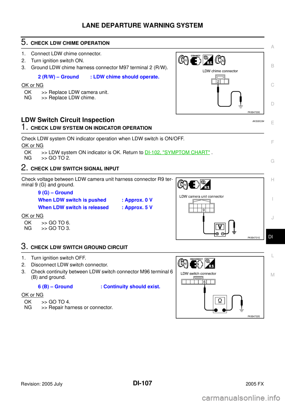 INFINITI FX35 2005 Service Manual LANE DEPARTURE WARNING SYSTEM DI-107
C
D E
F
G H
I
J
L
M A
B
DI
Revision: 2005 July 2005 FX
5. CHECK LDW CHIME OPERATION
1. Connect LDW chime connector.
2. Turn ignition switch ON.
3. G INFINITI FX35 2005 Service Manual LANE DEPARTURE WARNING SYSTEM DI-107
C
D E
F
G H
I
J
L
M A
B
DI
Revision: 2005 July 2005 FX
5. CHECK LDW CHIME OPERATION
1. Connect LDW chime connector.
2. Turn ignition switch ON.
3. G