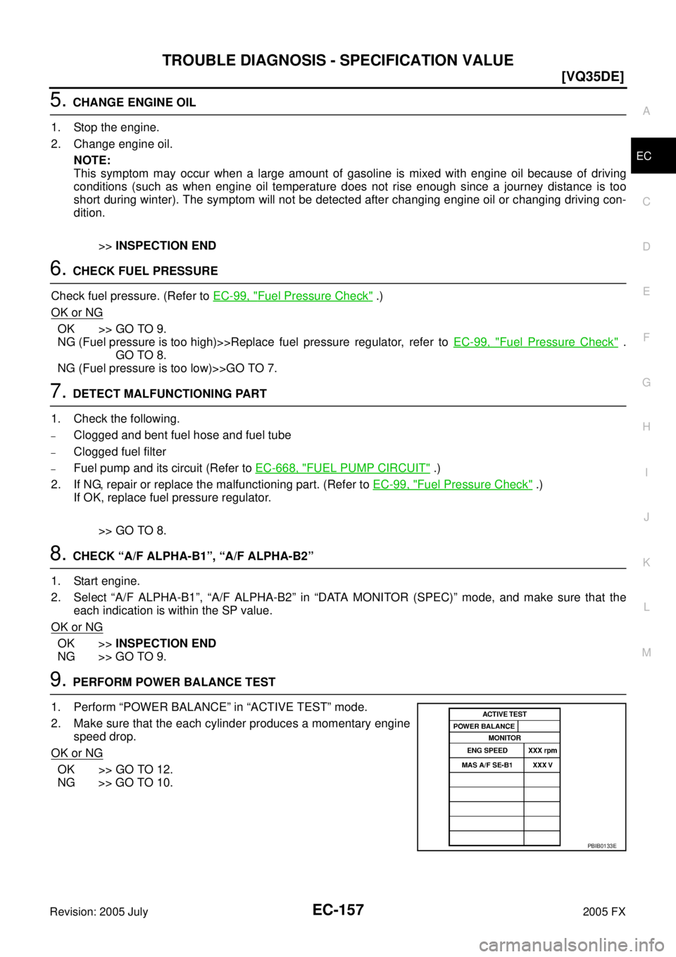 INFINITI FX35 2005  Service Manual TROUBLE DIAGNOSIS - SPECIFICATION VALUE EC-157
[VQ35DE]
C 
D  E 
F 
G  H 
I 
J 
K  L 
M  A
EC 
Revision: 2005 July  2005 FX
5. CHANGE ENGINE OIL 
1. Stop the engine. 
2. Change engine oil. NOTE: 
This