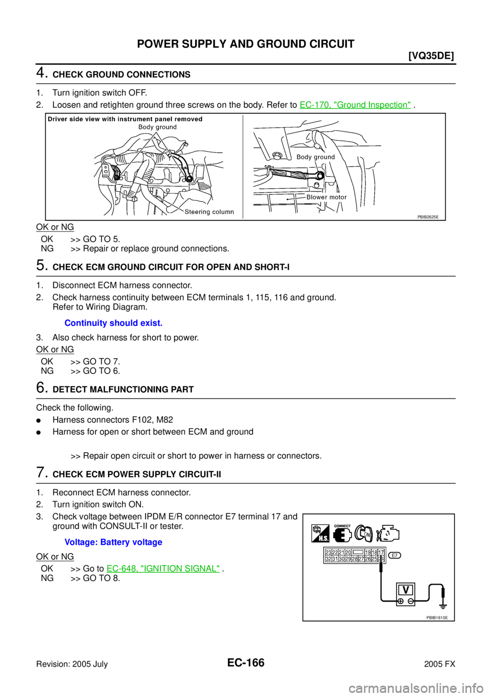 INFINITI FX35 2005  Service Manual EC-166
[VQ35DE]
POWER SUPPLY AND GROUND CIRCUIT
Revision: 2005 July 2005 FX
4. CHECK GROUND CONNECTIONS 
1. Turn ignition switch OFF. 
2. Loosen and retighten ground three screws on the body. Refer to