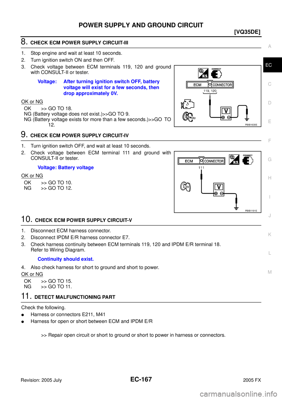 INFINITI FX35 2005  Service Manual POWER SUPPLY AND GROUND CIRCUIT EC-167
[VQ35DE]
C 
D  E 
F 
G  H 
I 
J 
K  L 
M  A
EC 
Revision: 2005 July  2005 FX
8. CHECK ECM POWER SUPPLY CIRCUIT-III 
1. Stop engine and wait at least 10 seconds. 