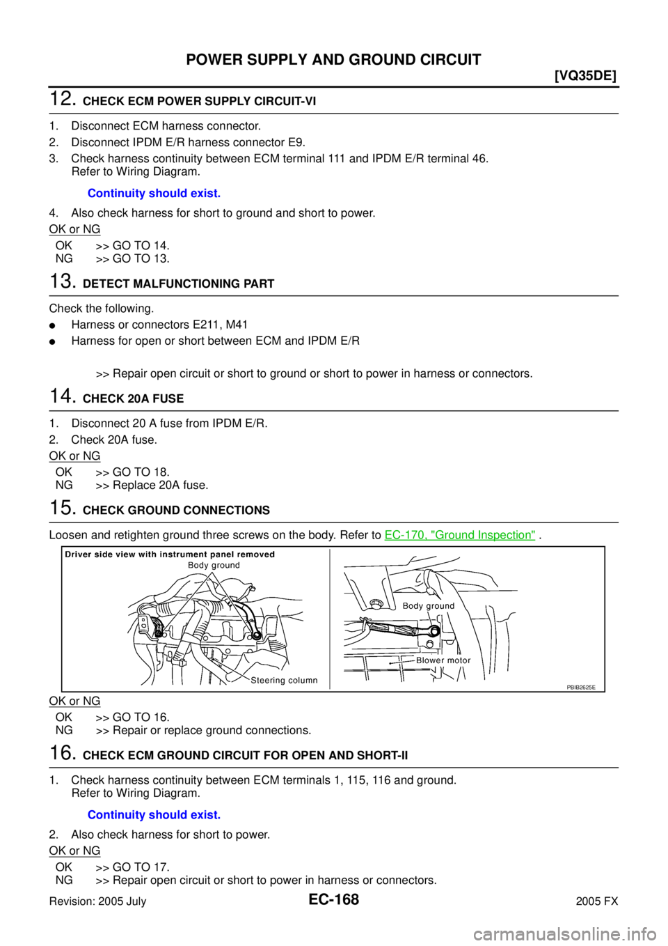 INFINITI FX35 2005  Service Manual EC-168
[VQ35DE]
POWER SUPPLY AND GROUND CIRCUIT
Revision: 2005 July 2005 FX
12. CHECK ECM POWER SUPPLY CIRCUIT-VI 
1. Disconnect ECM harness connector. 
2. Disconnect IPDM E/R harness connector E9.
3.