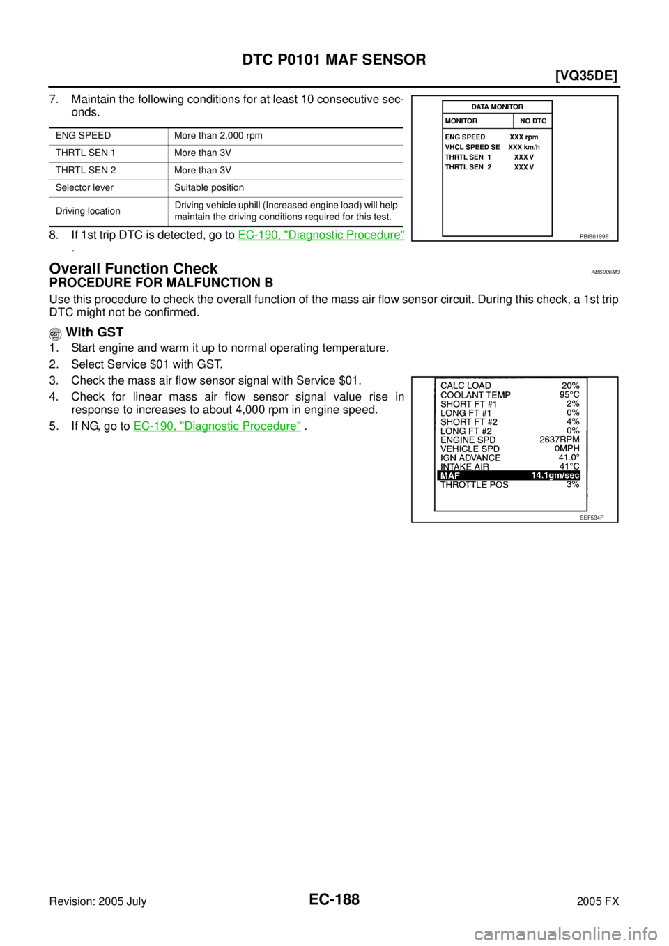 INFINITI FX35 2005  Service Manual EC-188
[VQ35DE]
DTC P0101 MAF SENSOR
Revision: 2005 July 2005 FX
7. Maintain the following conditions for at least 10 consecutive sec- 
onds. 
8. If 1st trip DTC is detected, go to   EC-190, "
Diagnos