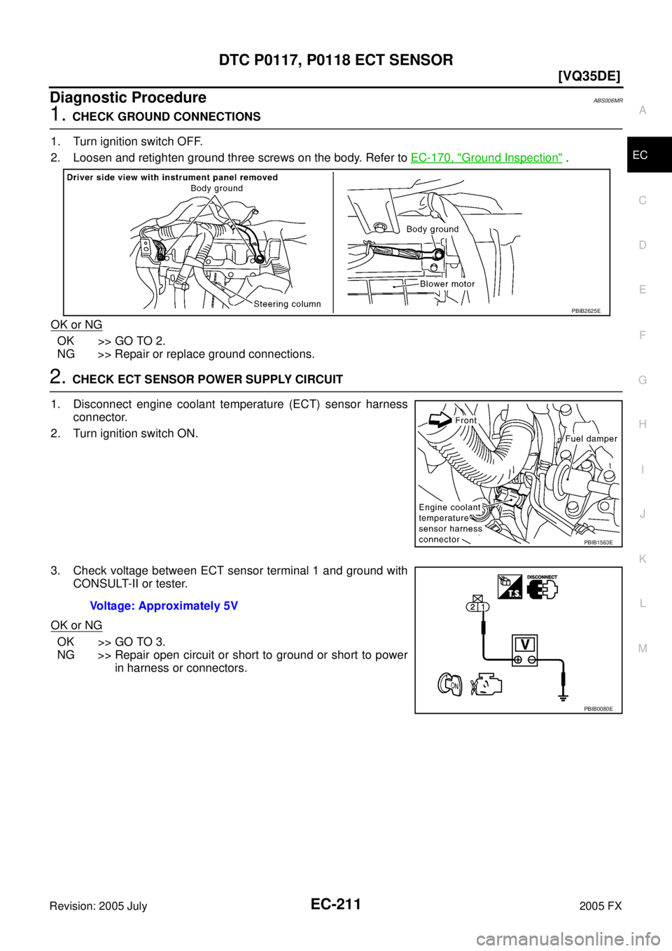 INFINITI FX35 2005  Service Manual DTC P0117, P0118 ECT SENSOR EC-211
[VQ35DE]
C 
D  E 
F 
G  H 
I 
J 
K  L 
M  A
EC 
Revision: 2005 July  2005 FX
Diagnostic ProcedureABS006MR
1. CHECK GROUND CONNECTIONS 
1. Turn ignition switch OFF. 
