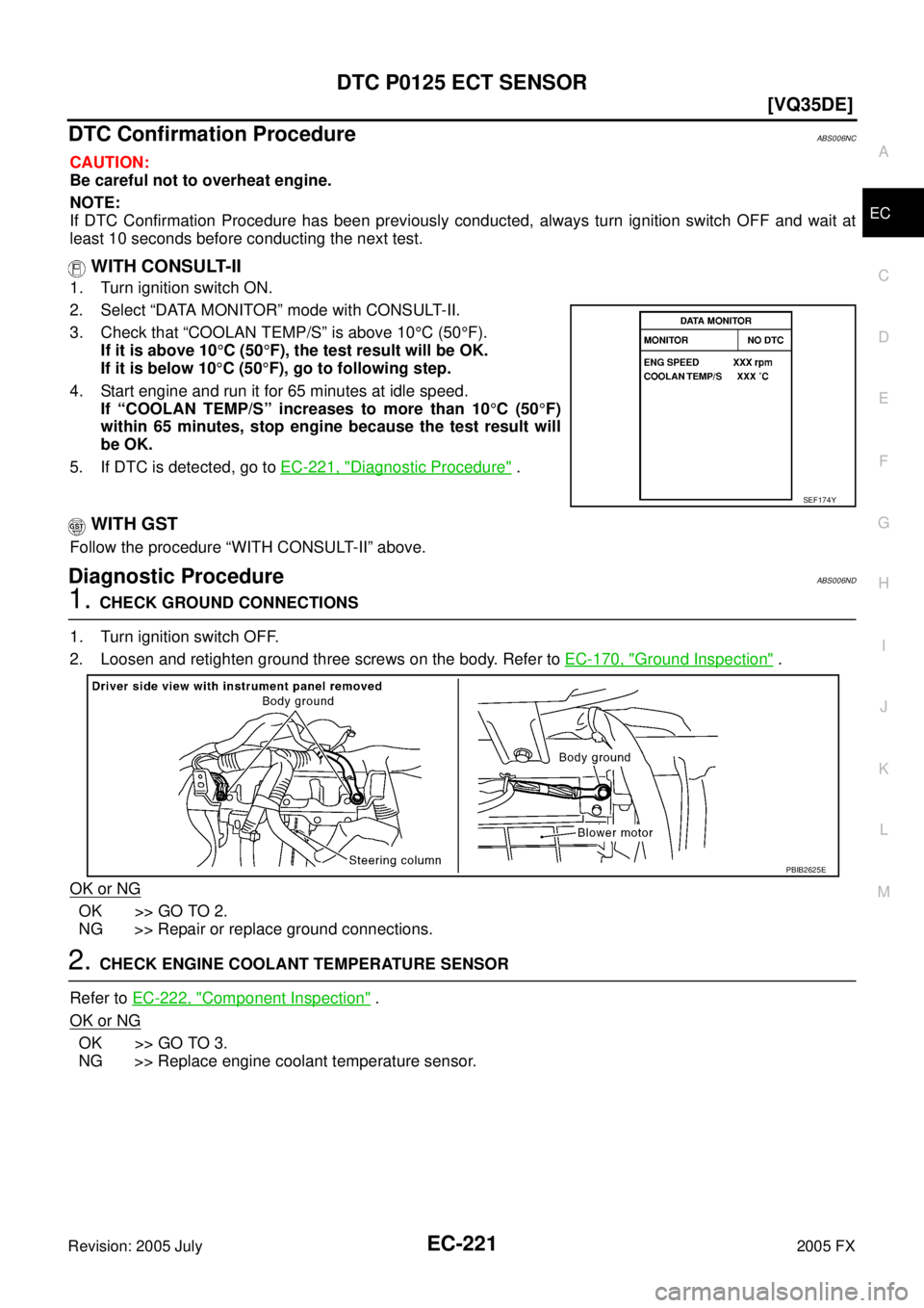 INFINITI FX35 2005  Service Manual DTC P0125 ECT SENSOR EC-221
[VQ35DE]
C 
D  E 
F 
G  H 
I 
J 
K  L 
M  A
EC 
Revision: 2005 July  2005 FX
DTC Confirmation ProcedureABS006NC
CAUTION: 
Be careful not to overheat engine. 
NOTE: 
If DTC 