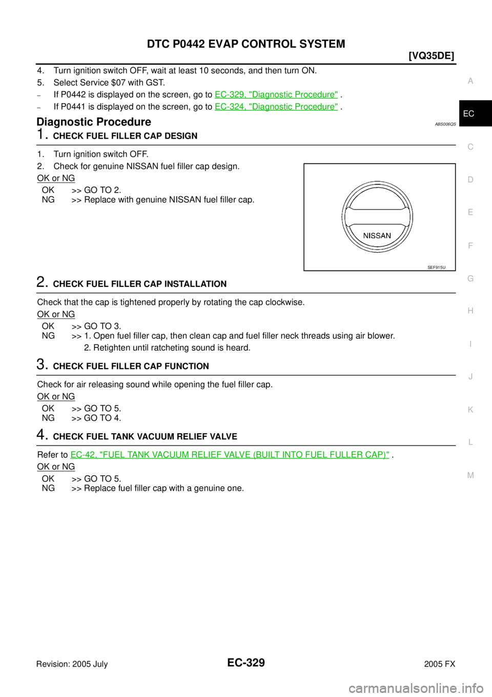 INFINITI FX35 2005  Service Manual DTC P0442 EVAP CONTROL SYSTEM EC-329
[VQ35DE]
C 
D  E 
F 
G  H 
I 
J 
K  L 
M  A
EC 
Revision: 2005 July  2005 FX
4. Turn ignition switch OFF, wait at least 10 seconds, and then turn ON. 
5. Select Se