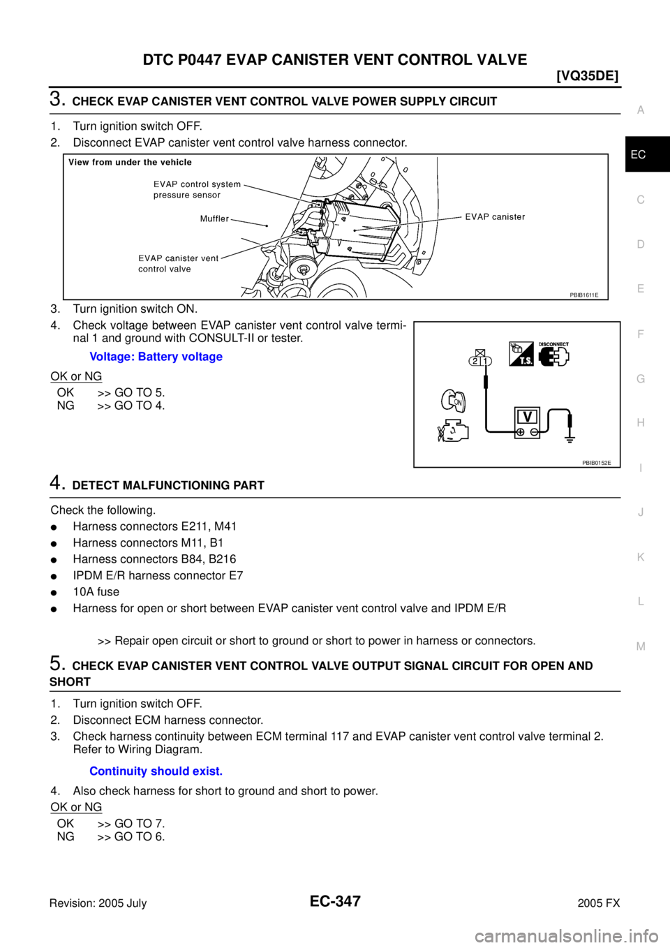 INFINITI FX35 2005  Service Manual DTC P0447 EVAP CANISTER VENT CONTROL VALVE EC-347
[VQ35DE]
C 
D  E 
F 
G  H 
I 
J 
K  L 
M  A
EC 
Revision: 2005 July  2005 FX
3. CHECK EVAP CANISTER VENT CONTROL VALVE POWER SUPPLY CIRCUIT 
1. Turn i