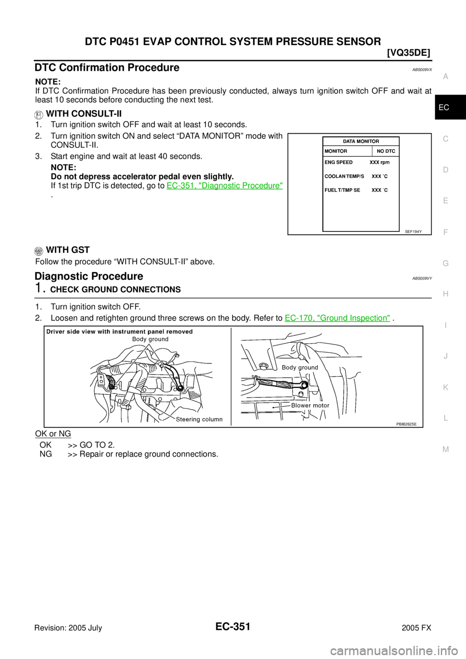 INFINITI FX35 2005  Service Manual DTC P0451 EVAP CONTROL SYSTEM PRESSURE SENSOR EC-351
[VQ35DE]
C 
D  E 
F 
G  H 
I 
J 
K  L 
M  A
EC 
Revision: 2005 July  2005 FX
DTC Confirmation ProcedureABS009VX
NOTE: 
If DTC Confirmation Procedur