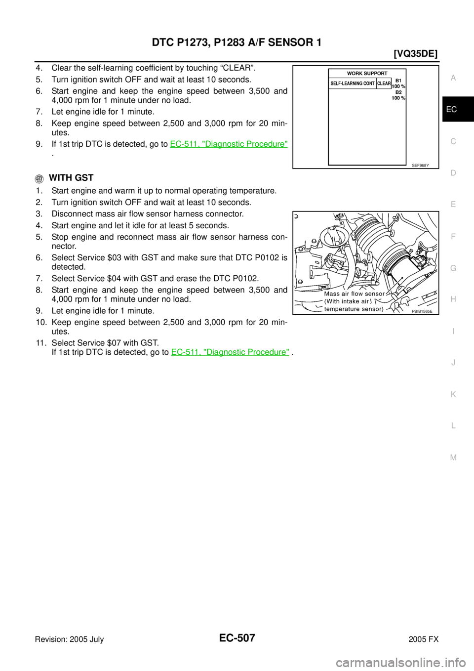 INFINITI FX35 2005  Service Manual DTC P1273, P1283 A/F SENSOR 1 EC-507
[VQ35DE]
C 
D  E 
F 
G  H 
I 
J 
K  L 
M  A
EC 
Revision: 2005 July  2005 FX
4. Clear the self-learning coefficient by touching “CLEAR”. 
5. Turn ignition swit