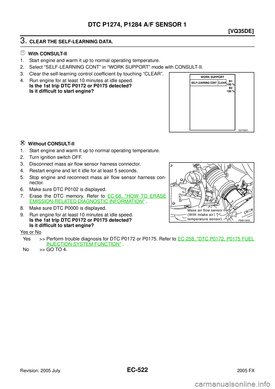 INFINITI FX35 2005  Service Manual EC-522
[VQ35DE]
DTC P1274, P1284 A/F SENSOR 1
Revision: 2005 July 2005 FX
3. CLEAR THE SELF-LEARNING DATA. 
   With CONSULT-II 
1. Start engine and warm it up to normal operating temperature. 
2. Sele