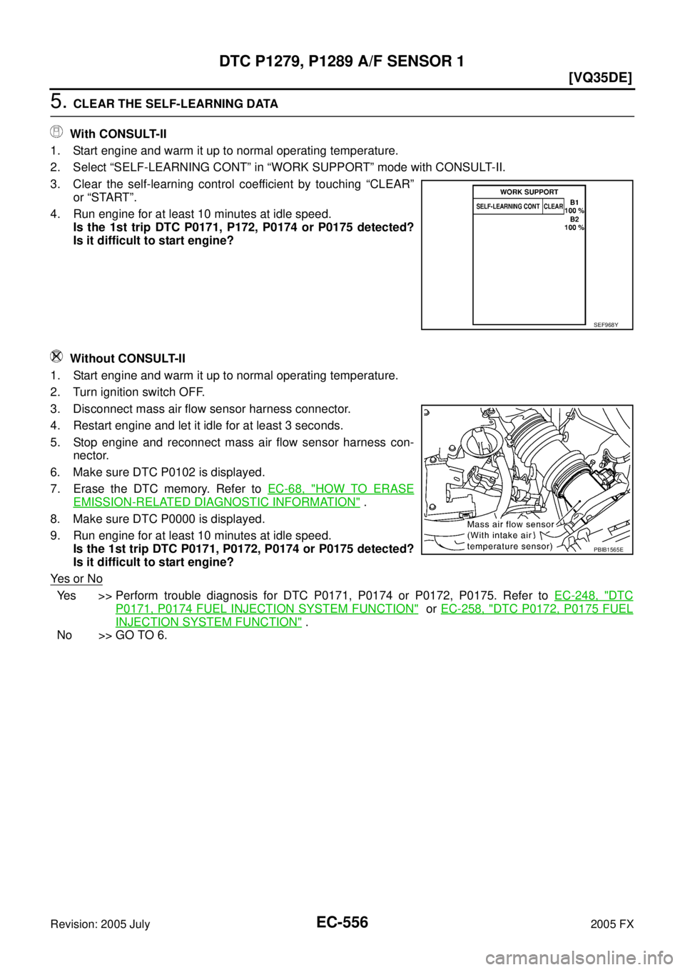 INFINITI FX35 2005  Service Manual EC-556
[VQ35DE]
DTC P1279, P1289 A/F SENSOR 1
Revision: 2005 July 2005 FX
5. CLEAR THE SELF-LEARNING DATA 
   With CONSULT-II 
1. Start engine and warm it up to normal operating temperature. 
2. Selec