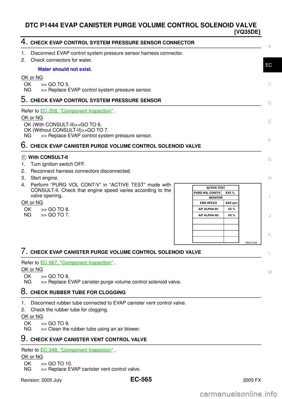 INFINITI FX35 2005  Service Manual DTC P1444 EVAP CANISTER PURGE VOLUME CONTROL SOLENOID VALVE EC-565
[VQ35DE]
C 
D  E 
F 
G  H 
I 
J 
K  L 
M  A
EC 
Revision: 2005 July  2005 FX
4. CHECK EVAP CONTROL SYSTEM PRESSURE SENSOR CONNECTOR 

