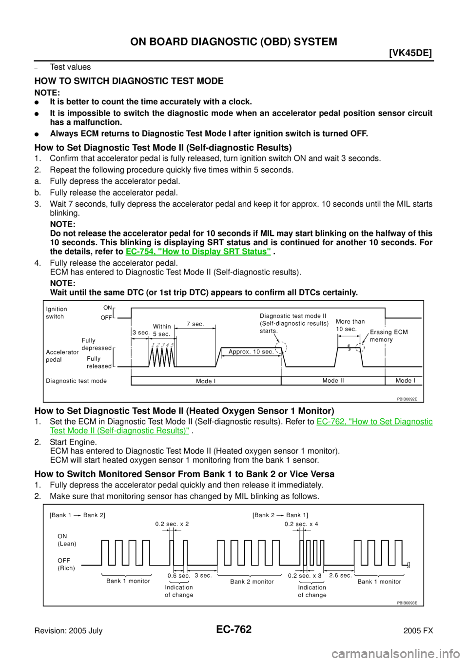 INFINITI FX35 2005  Service Manual EC-762
[VK45DE]
ON BOARD DIAGNOSTIC (OBD) SYSTEM
Revision: 2005 July 2005 FX
–Test values
HOW TO SWITCH DIAGNOSTIC TEST MODE
NOTE:
It is better to count the time accurately with a clock.
It is imp
