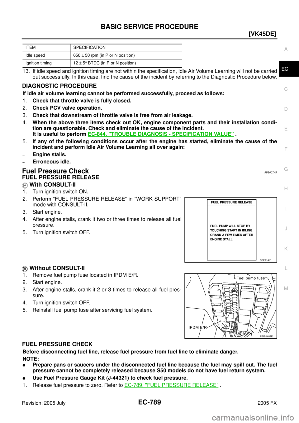 INFINITI FX35 2005  Service Manual BASIC SERVICE PROCEDURE EC-789
[VK45DE]
C 
D  E 
F 
G  H 
I 
J 
K  L 
M  A
EC 
Revision: 2005 July  2005 FX13. If idle speed and ignition timing are not within the specification, Idle Air Volume Learn
