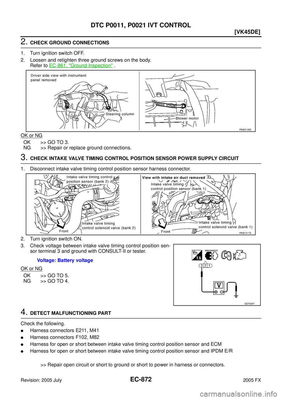 INFINITI FX35 2005  Service Manual EC-872
[VK45DE]
DTC P0011, P0021 IVT CONTROL
Revision: 2005 July 2005 FX
2. CHECK GROUND CONNECTIONS 
1. Turn ignition switch OFF. 
2. Loosen and retighten three ground screws on the body.   Refer to 