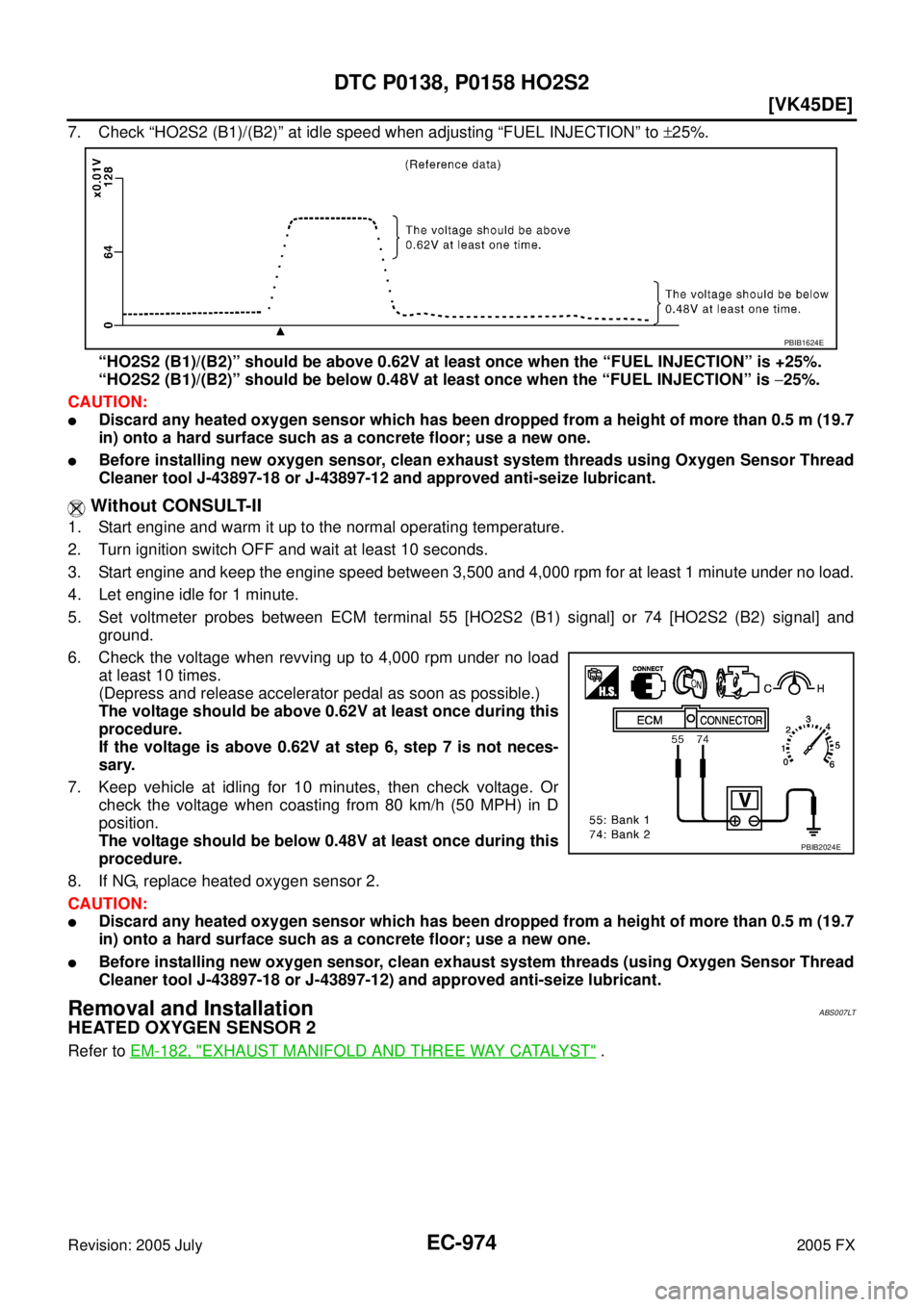 INFINITI FX35 2005  Service Manual EC-974
[VK45DE]
DTC P0138, P0158 HO2S2
Revision: 2005 July 2005 FX
7. Check “HO2S2 (B1)/(B2)” at idle speed when adjusting “FUEL INJECTION” to ±25%. 
“HO2S2 (B1)/(B2)” should be above 0.6