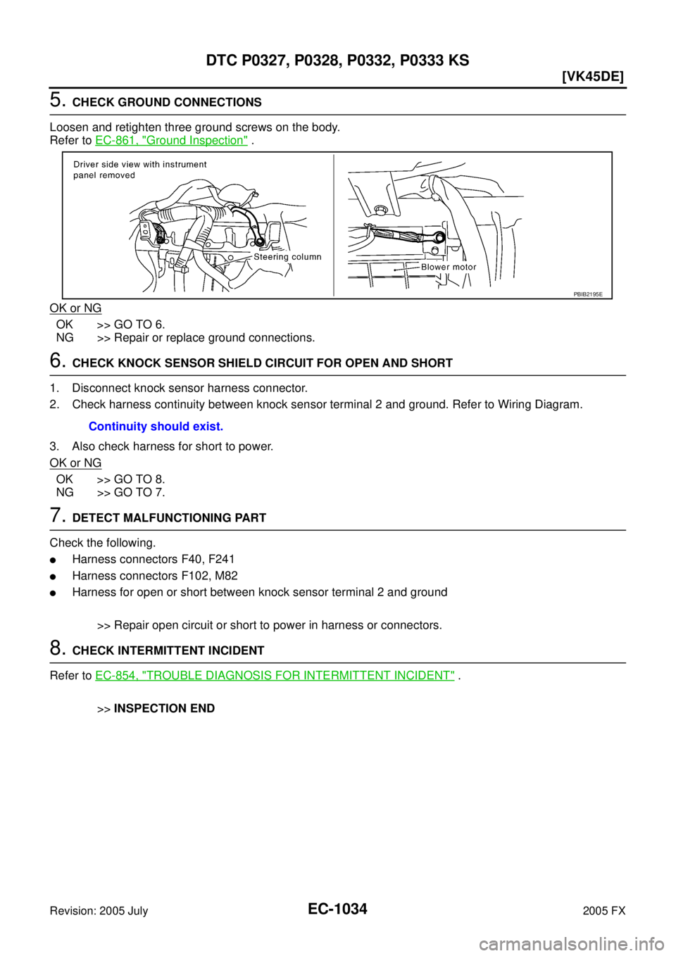 INFINITI FX35 2005  Service Manual EC-1034
[VK45DE]
DTC P0327, P0328, P0332, P0333 KS
Revision: 2005 July 2005 FX
5. CHECK GROUND CONNECTIONS 
Loosen and retighten three ground screws on the body. 
Refer to   EC-861, "
Ground Inspectio