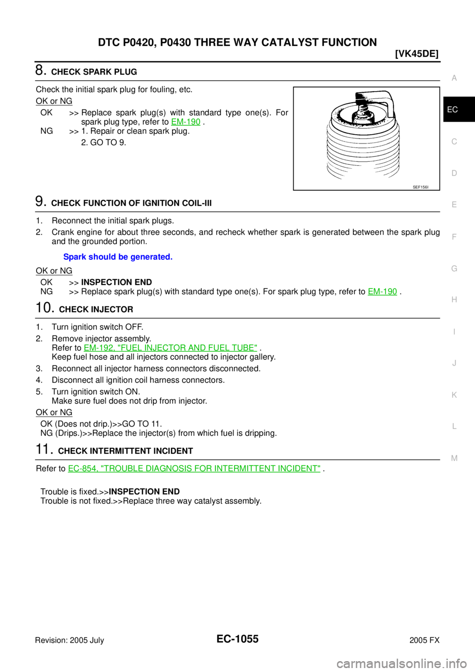 INFINITI FX35 2005  Service Manual DTC P0420, P0430 THREE WAY CATALYST FUNCTION EC-1055
[VK45DE]
C 
D  E 
F 
G  H 
I 
J 
K  L 
M  A
EC 
Revision: 2005 July  2005 FX
8. CHECK SPARK PLUG 
Check the initial spark plug for fouling, etc. 
O