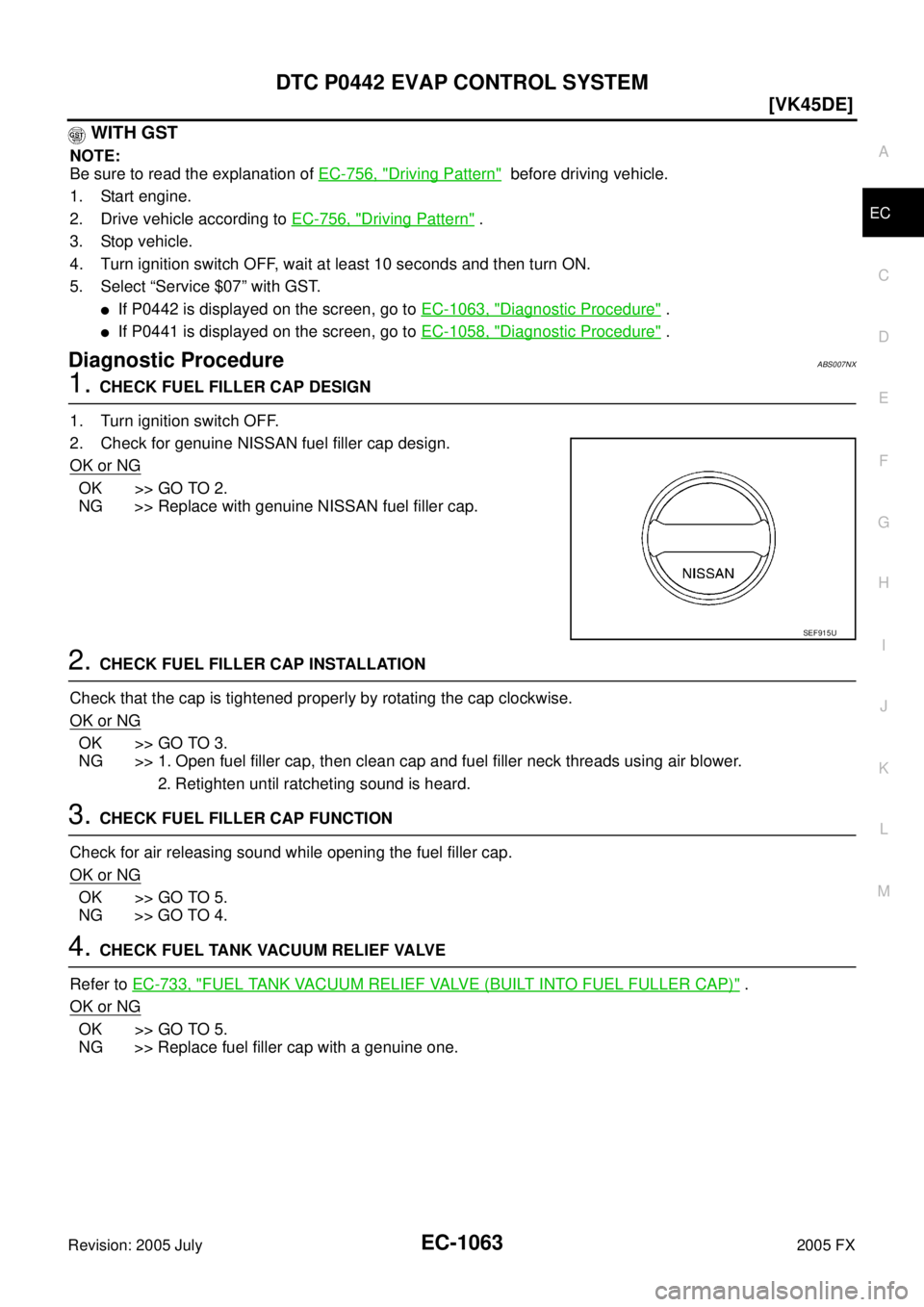 INFINITI FX35 2005  Service Manual DTC P0442 EVAP CONTROL SYSTEM EC-1063
[VK45DE]
C 
D  E 
F 
G  H 
I 
J 
K  L 
M  A
EC 
Revision: 2005 July  2005 FX
 WITH GST
NOTE: 
Be sure to read the explanation of   EC-756, "
Driving Pattern"  bef