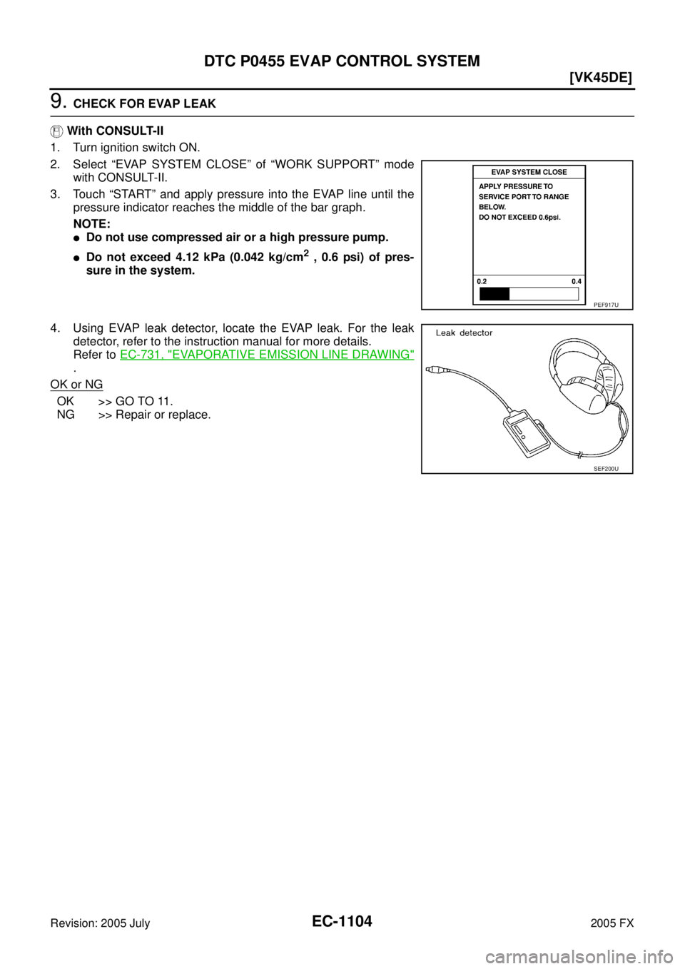 INFINITI FX35 2005  Service Manual EC-1104
[VK45DE]
DTC P0455 EVAP CONTROL SYSTEM
Revision: 2005 July 2005 FX
9. CHECK FOR EVAP LEAK 
   With CONSULT-II 
1. Turn ignition switch ON.
2. Select “EVAP SYSTEM CLOSE” of “WORK SUPPORT