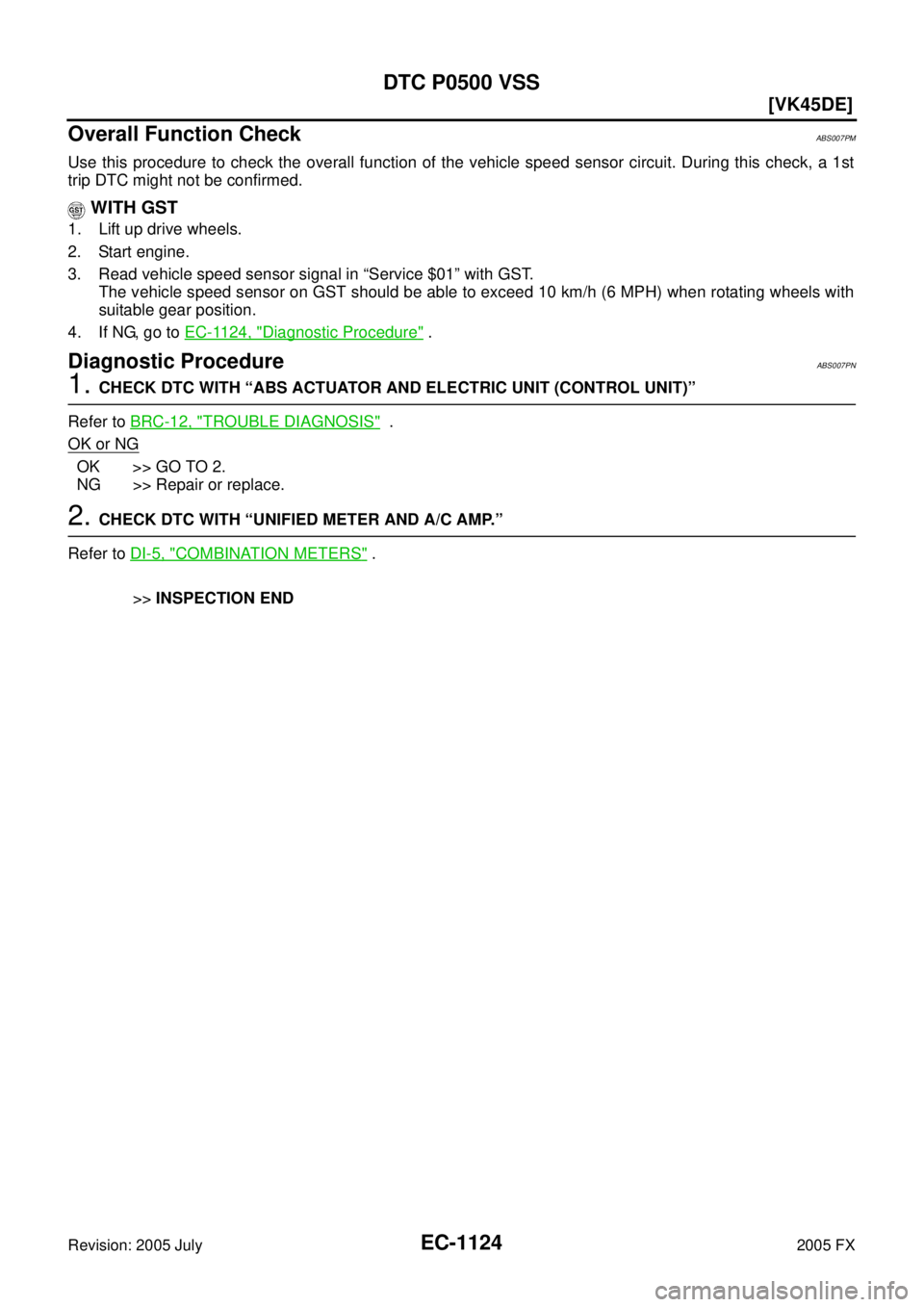 INFINITI FX35 2005  Service Manual EC-1124
[VK45DE]
DTC P0500 VSS
Revision: 2005 July 2005 FX
Overall Function CheckABS007PM
Use this procedure to check the overall function of the vehicle speed sensor circuit. During this check, a 1st