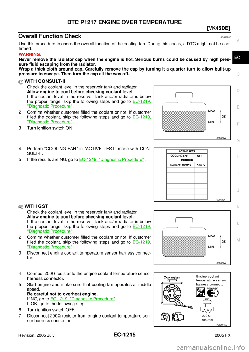 INFINITI FX35 2005  Service Manual DTC P1217 ENGINE OVER TEMPERATURE EC-1215
[VK45DE]
C 
D  E 
F 
G  H 
I 
J 
K  L 
M  A
EC 
Revision: 2005 July  2005 FX
Overall Function CheckABS007ST
Use this procedure to check the overall function o