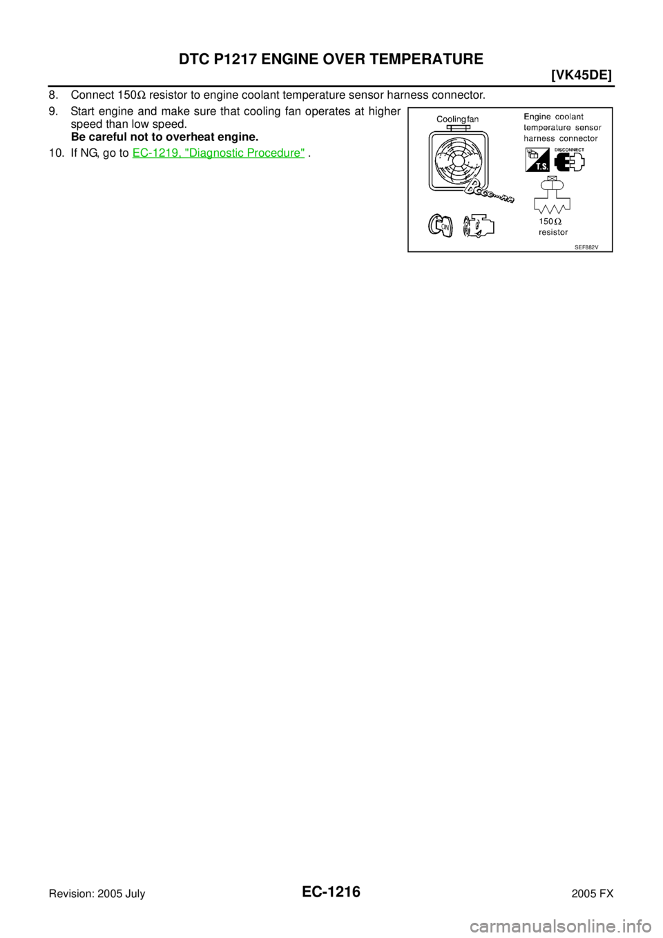 INFINITI FX35 2005  Service Manual EC-1216
[VK45DE]
DTC P1217 ENGINE OVER TEMPERATURE
Revision: 2005 July 2005 FX
8. Connect 150Ω resistor to engine coolant temperature sensor harness connector. 
9. Start engine and make sure that co