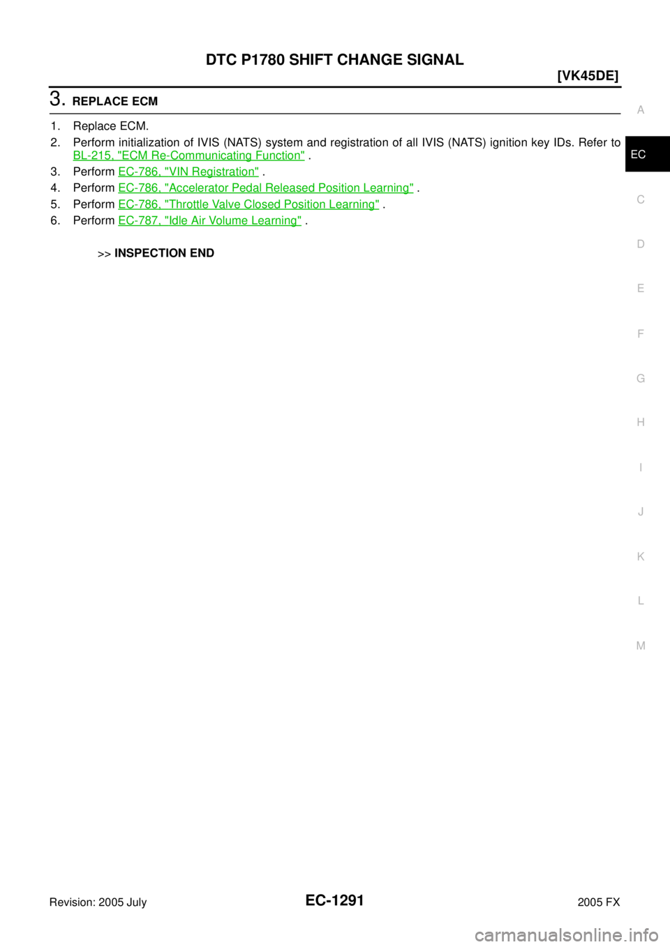 INFINITI FX35 2005  Service Manual DTC P1780 SHIFT CHANGE SIGNAL EC-1291
[VK45DE]
C 
D  E 
F 
G  H 
I 
J 
K  L 
M  A
EC 
Revision: 2005 July  2005 FX
3. REPLACE ECM 
1. Replace ECM. 
2. Perform initialization of IVIS (NATS) system and 