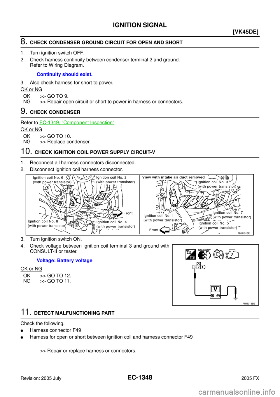 INFINITI FX35 2005  Service Manual EC-1348
[VK45DE]
IGNITION SIGNAL
Revision: 2005 July 2005 FX
8. CHECK CONDENSER GROUND CIRCUIT FOR OPEN AND SHORT 
1. Turn ignition switch OFF. 
2. Check harness continuity between condenser terminal 