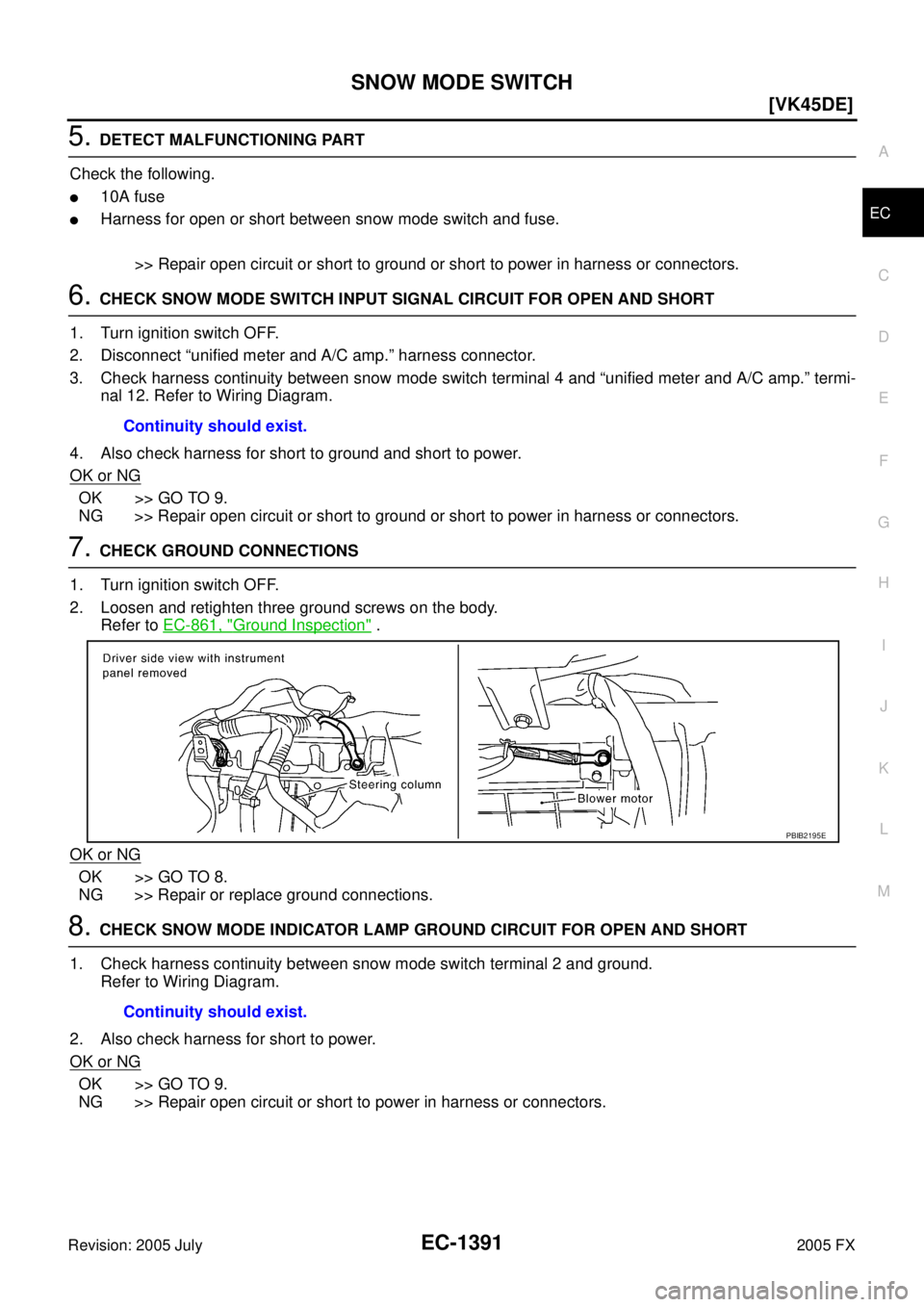 INFINITI FX35 2005  Service Manual SNOW MODE SWITCH EC-1391
[VK45DE]
C 
D  E 
F 
G  H 
I 
J 
K  L 
M  A
EC 
Revision: 2005 July  2005 FX
5. DETECT MALFUNCTIONING PART 
Check the following.
10A fuse
Harness for open or short between s