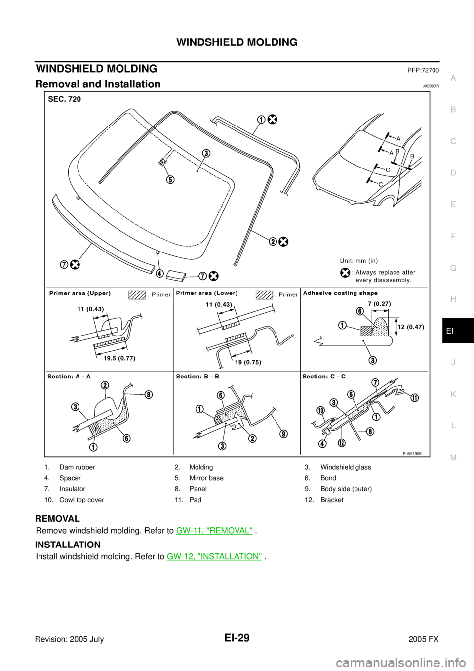 INFINITI FX35 2005  Service Manual WINDSHIELD MOLDING EI-29
C 
D  E 
F 
G  H 
J 
K  L 
M  A 
B
EI 
Revision: 2005 July  2005 FX
WINDSHIELD MOLDINGPFP:72700
Removal and InstallationAIS0037I
REMOVAL
Remove windshield molding. Refer to GW