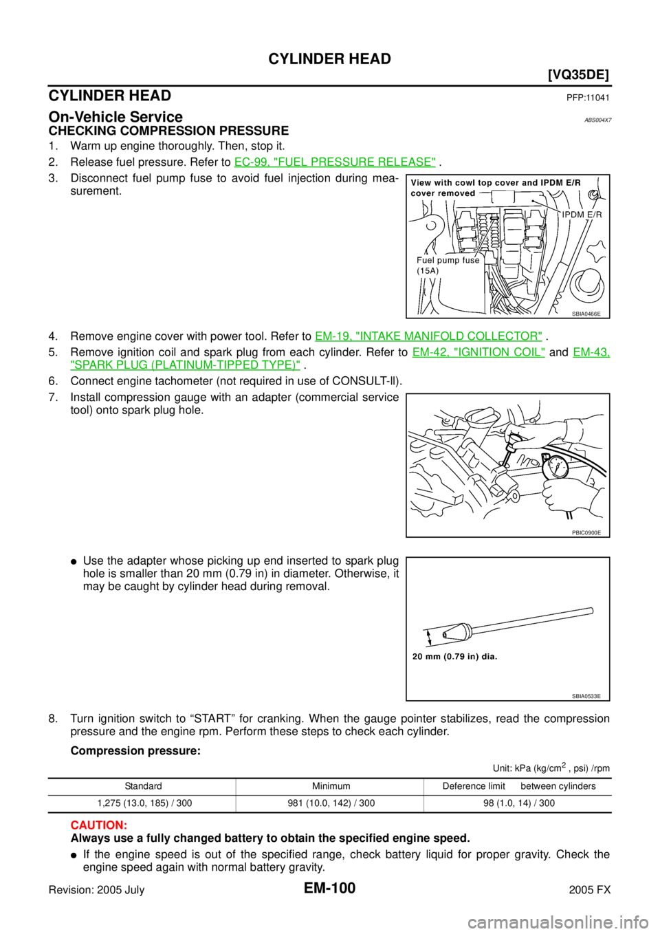 INFINITI FX35 2005  Service Manual EM-100
[VQ35DE]
CYLINDER HEAD
Revision: 2005 July 2005 FX
CYLINDER HEADPFP:11041
On-Vehicle ServiceABS004X7
CHECKING COMPRESSION PRESSURE
1. Warm up engine thoroughly. Then, stop it. 
2. Release fuel 