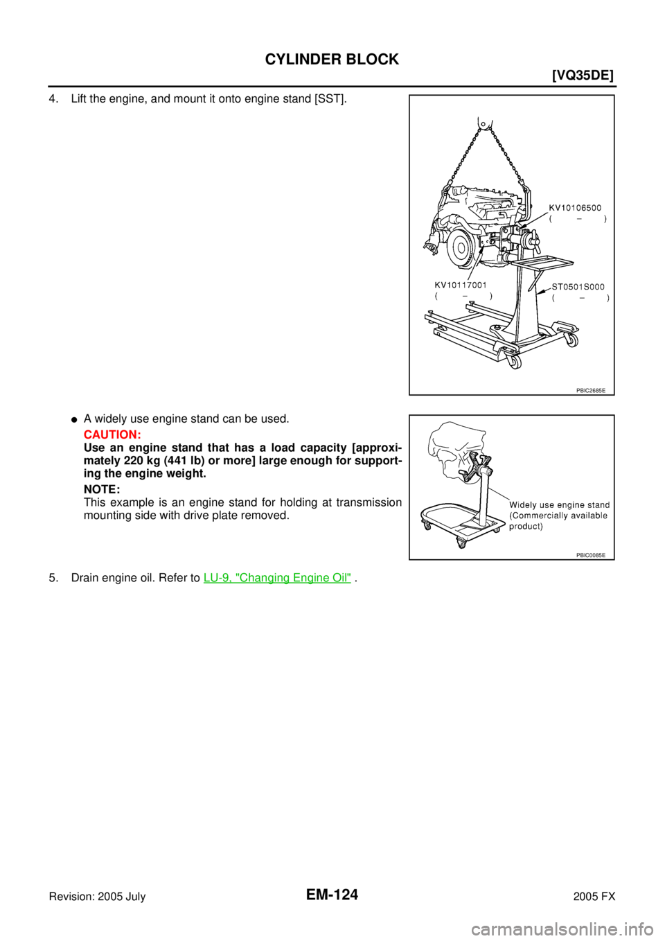 INFINITI FX35 2005  Service Manual EM-124
[VQ35DE]
CYLINDER BLOCK
Revision: 2005 July 2005 FX
4. Lift the engine, and mount it onto engine stand [SST].
A widely use engine stand can be used. 
CAUTION: 
Use an engine stand that has a l