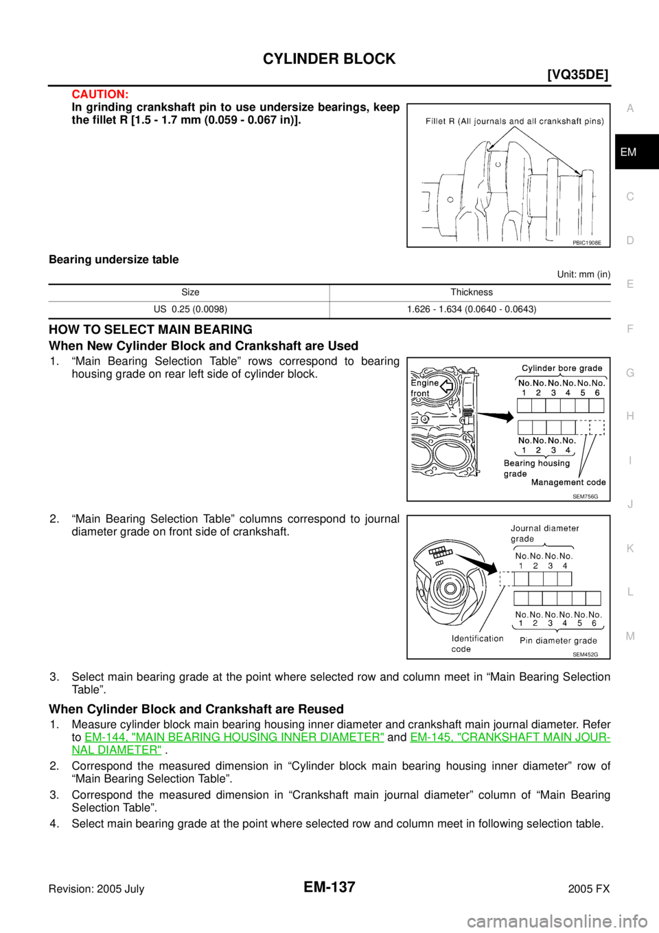 INFINITI FX35 2005  Service Manual CYLINDER BLOCK EM-137
[VQ35DE]
C 
D  E 
F 
G  H 
I 
J 
K  L 
M  A
EM 
Revision: 2005 July  2005 FX
CAUTION: 
In grinding crankshaft pin to use undersize bearings, keep
the fillet R [1.5 - 1.7 mm (0.05
