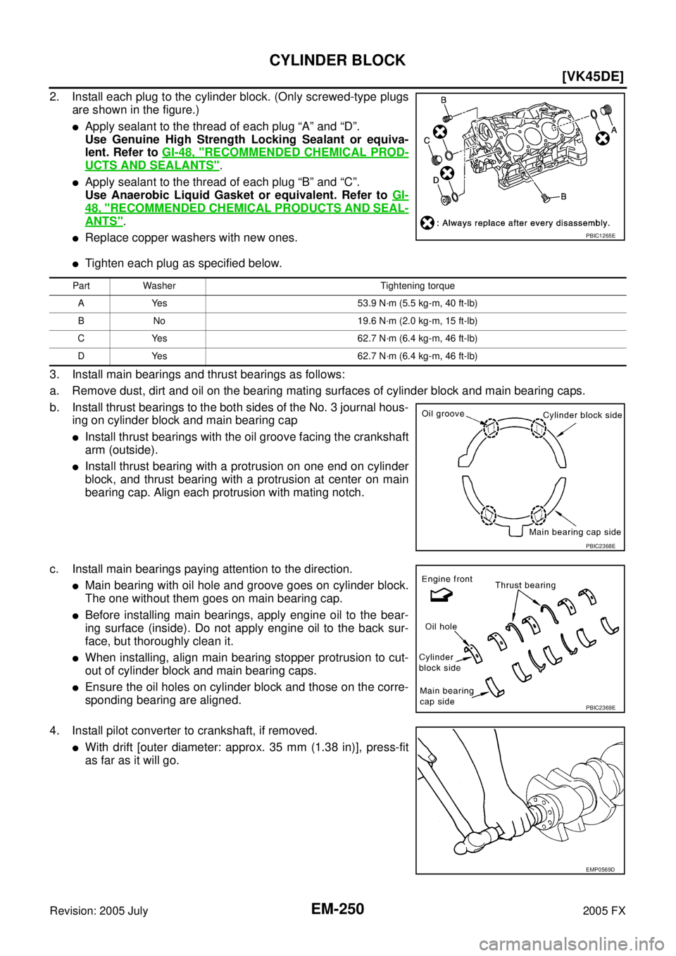 INFINITI FX35 2005  Service Manual EM-250
[VK45DE]
CYLINDER BLOCK
Revision: 2005 July 2005 FX
2. Install each plug to the cylinder block. (Only screwed-type plugs 
are shown in the figure.)
Apply sealant to the thread of each plug “