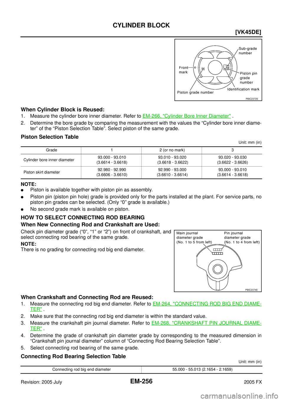 INFINITI FX35 2005  Service Manual EM-256
[VK45DE]
CYLINDER BLOCK
Revision: 2005 July 2005 FX
When Cylinder Block is Reused:
1. Measure the cylinder bore inner diameter. Refer to EM-266, "Cylinder Bore Inner Diameter" . 
2. Determine t