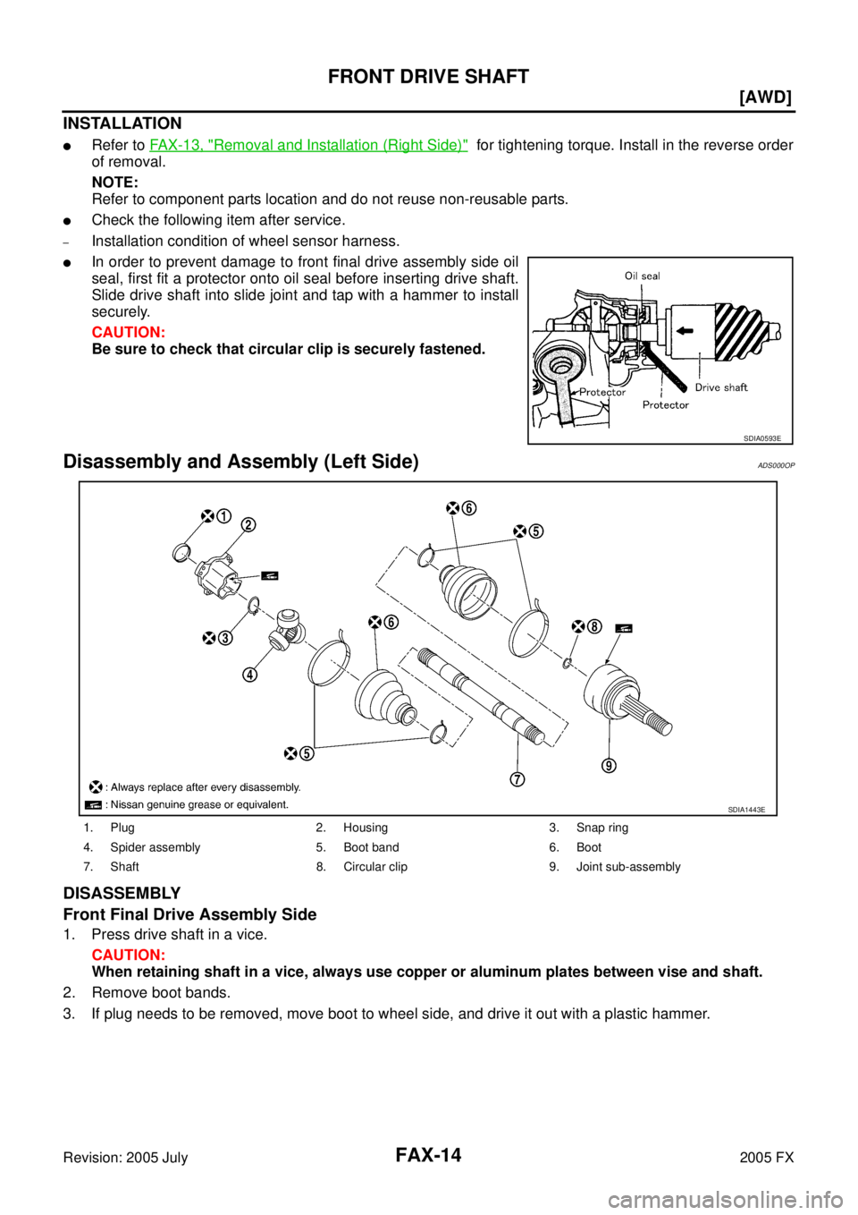 INFINITI FX35 2005  Service Manual FAX-14
[AWD]
FRONT DRIVE SHAFT
Revision: 2005 July 2005 FX
INSTALLATION
Refer to FAX-13, "Removal and Installation (Right Side)"  for tightening torque. Install in the reverse order 
of removal. 
NOT