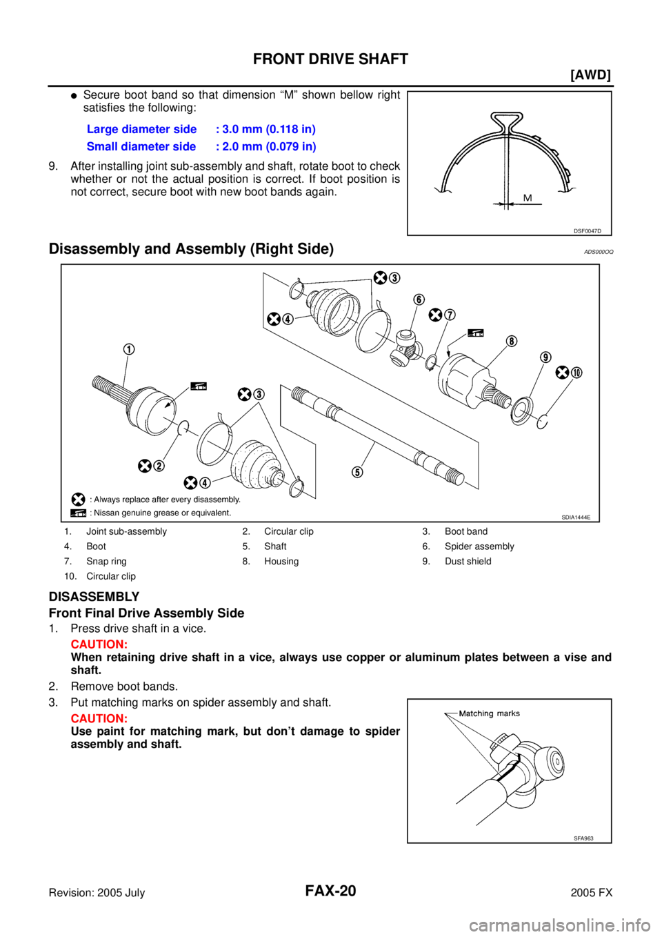 INFINITI FX35 2005  Service Manual FAX-20
[AWD]
FRONT DRIVE SHAFT
Revision: 2005 July 2005 FX
Secure boot band so that dimension “M” shown bellow right 
satisfies the following:  
9. After installing joint sub-assembly and shaft, 