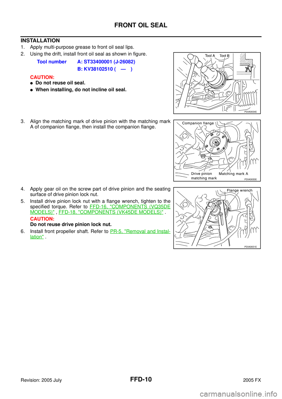 INFINITI FX35 2005  Service Manual FFD-10
FRONT OIL SEAL
Revision: 2005 July 2005 FX
INSTALLATION
1. Apply multi-purpose grease to front oil seal lips. 
2. Using the drift, install front oil seal as shown in figure. 
CAUTION:
Do not r