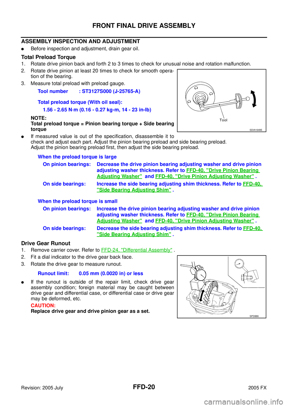 INFINITI FX35 2005  Service Manual FFD-20
FRONT FINAL DRIVE ASSEMBLY
Revision: 2005 July 2005 FX
ASSEMBLY INSPECTION AND ADJUSTMENT
Before inspection and adjustment, drain gear oil.
Total Preload Torque
1. Rotate drive pinion back and