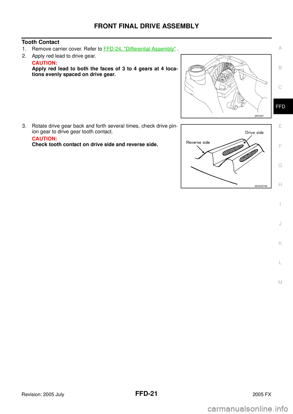INFINITI FX35 2005  Service Manual FRONT FINAL DRIVE ASSEMBLY FFD-21
C E  F 
G  H 
I 
J 
K  L 
M  A 
B
FFD 
Revision: 2005 July  2005 FX
Tooth Contact
1. Remove carrier cover. Refer to FFD-24, "Differential Assembly" . 
2. Apply red le