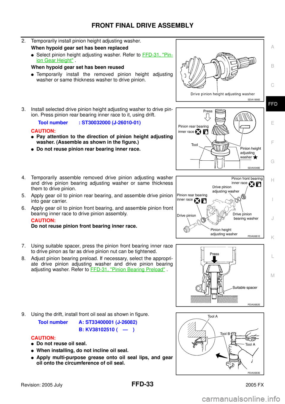 INFINITI FX35 2005  Service Manual FRONT FINAL DRIVE ASSEMBLY FFD-33
C E  F 
G  H 
I 
J 
K  L 
M  A 
B
FFD 
Revision: 2005 July  2005 FX
2. Temporarily install pinion height adjusting washer. 
When hypoid gear set has been replaced
Se